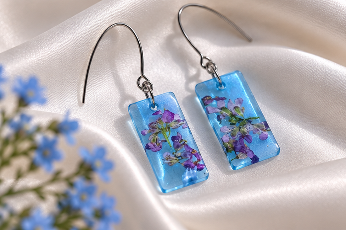 Cercei albaștri cu flori violet - bijuterii - cercei - cercei din rășină - Artynos.ro