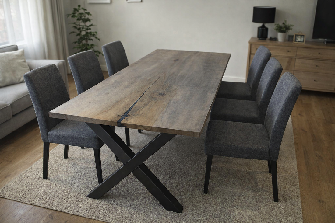 Masă din lemn masiv de stejar gri cu rășină epoxidică � 165x65 cm cm - casă & stil de viață - mobilier artizanal - alt mobilier - Artynos.ro