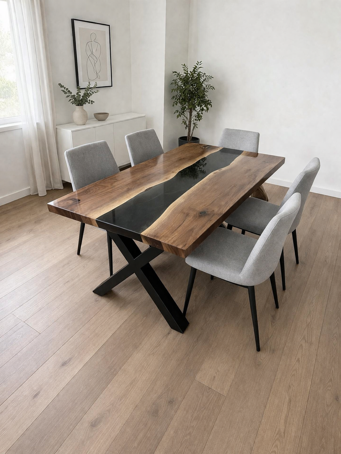 Masă lemn masiv de nuc cu rășină epoxy � River Table - Masă din lemn de nuc cu rășină epoxidica neagră  - casă & stil de viață - mobilier artizanal - alt mobilier - Artynos.ro