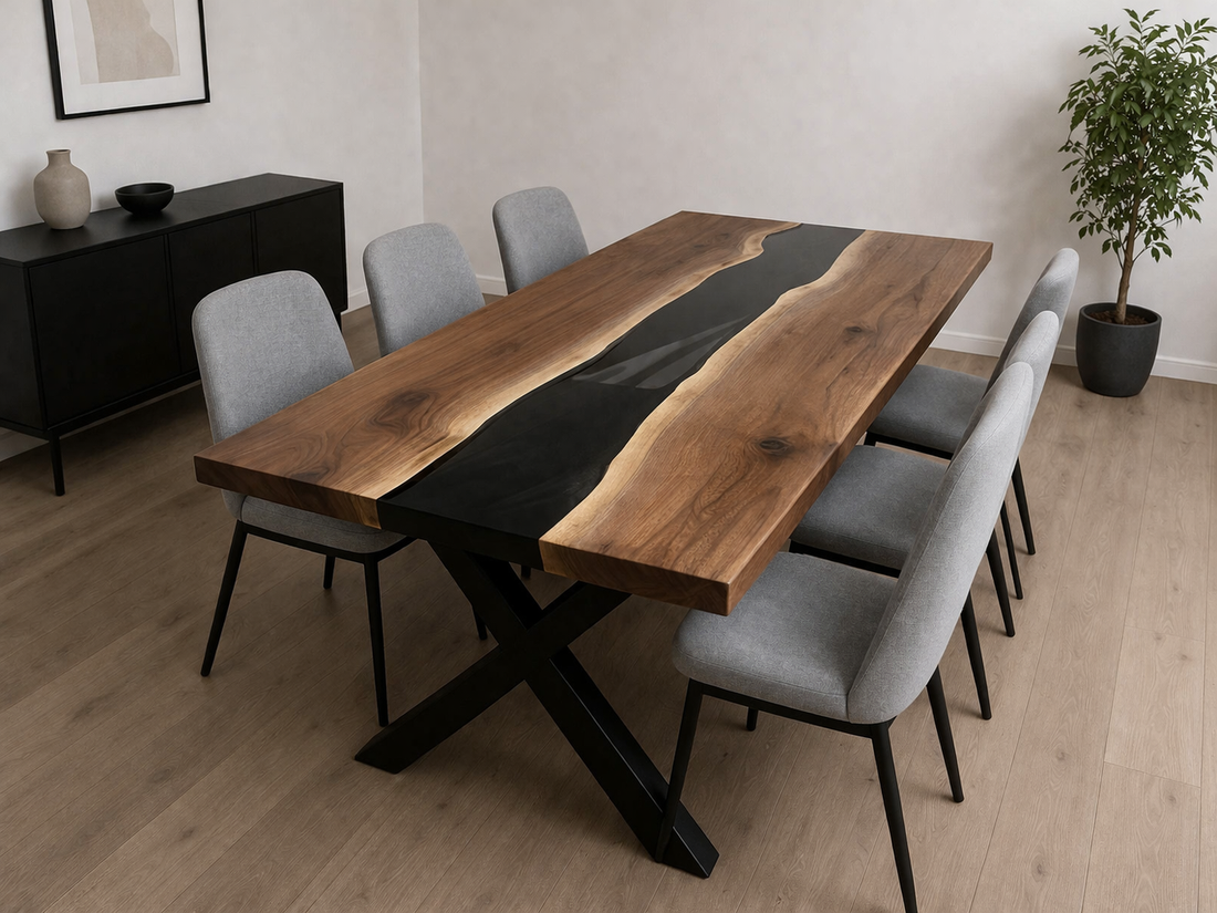 Masă lemn masiv de nuc cu rășină epoxy � River Table - Masă din lemn de nuc cu rășină epoxidica neagră  - casă & stil de viață - mobilier artizanal - alt mobilier - Artynos.ro