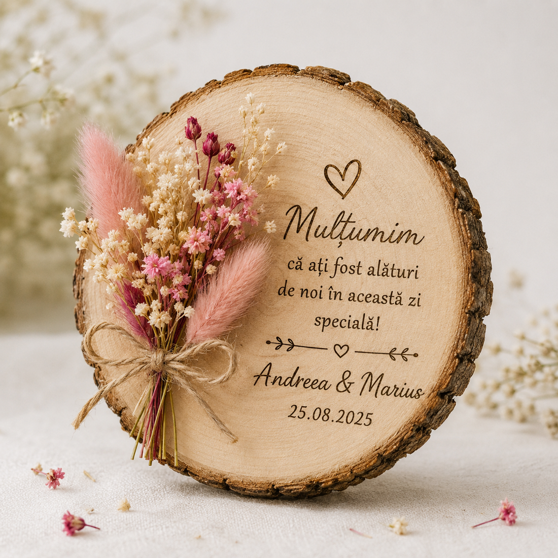 Mărturie din lemn natural cu flori uscate � personalizată - accesorii nuntă - amintiri și cadouri de nuntă - mărturii - Artynos.ro