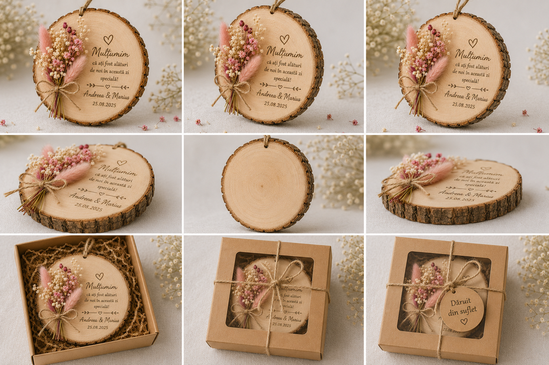 Mărturie din lemn natural cu flori uscate � personalizată - accesorii nuntă - amintiri și cadouri de nuntă - mărturii - Artynos.ro