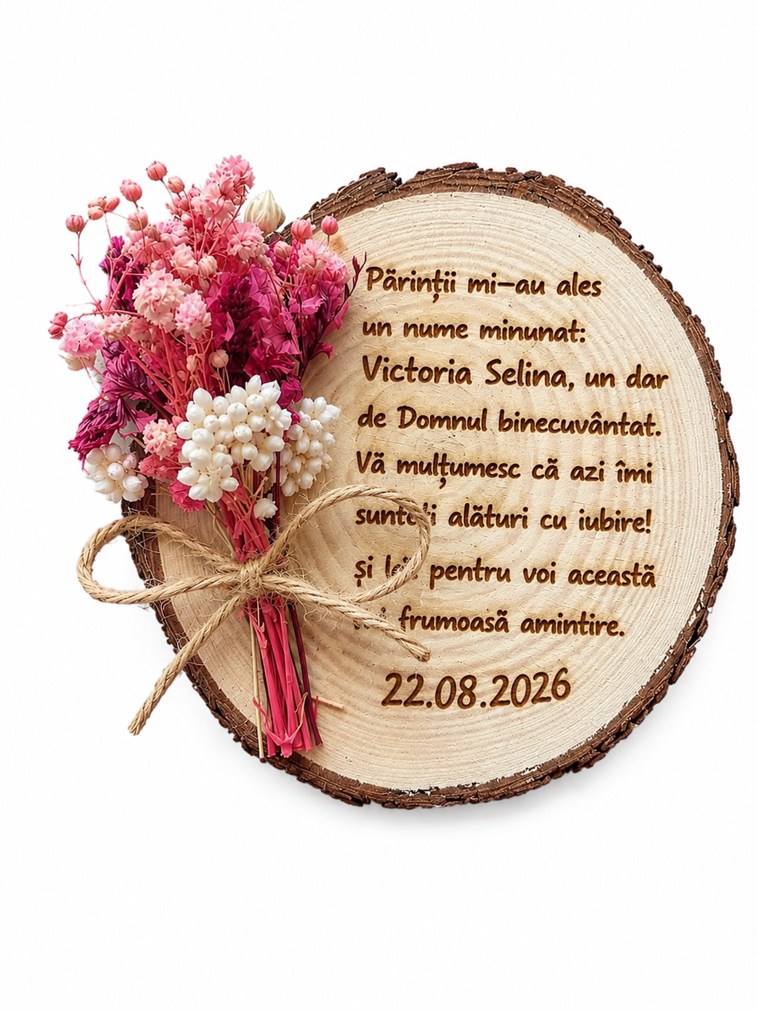 Mărturie personalizată pentru botez din lemn natural, cu flori uscate  - accesorii nuntă - amintiri și cadouri de nuntă - mărturii - Artynos.ro