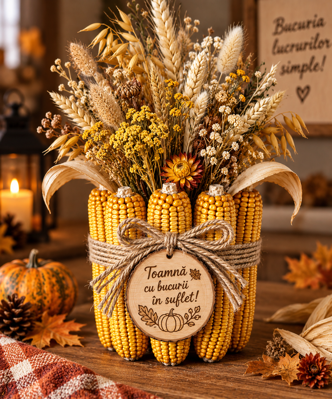 Aranjament de toamnă handmade cu porumb și flori uscate � decor rustic personalizat - casă & stil de viață - decorațiuni de casă - decorațiuni de masă și rafturi - decorațiuni de masă - Artynos.ro