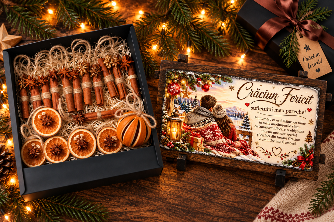Cadou de Craciun pentru cuplu � Set cu ardezie personalizata + 36 decoratiuni naturale pentru brad - crăciun - moș nicolae - cadouri de moș nicolae - Artynos.ro