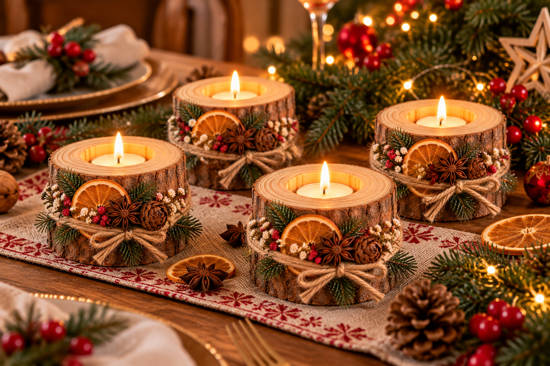 Set 4 suporturi pentru lumânări din lemn natural, decorate manual � Decorațiuni rustice de Crăciun - casă & stil de viață - decorațiuni de casă - decorațiuni de masă și rafturi - decorațiuni de masă - Artynos.ro