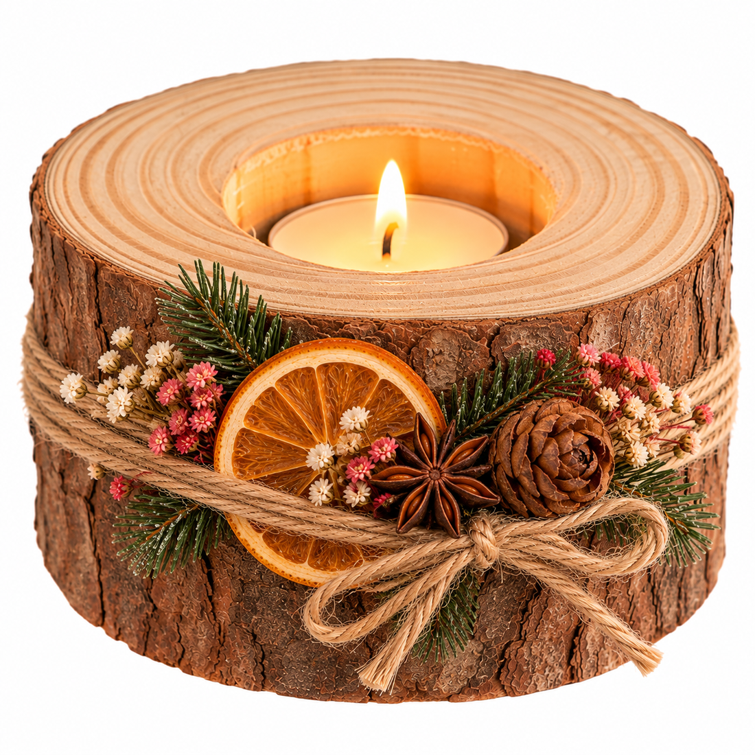 Set 4 suporturi pentru lumânări din lemn natural, decorate manual � Decorațiuni rustice de Crăciun - casă & stil de viață - decorațiuni de casă - decorațiuni de masă și rafturi - decorațiuni de masă - Artynos.ro