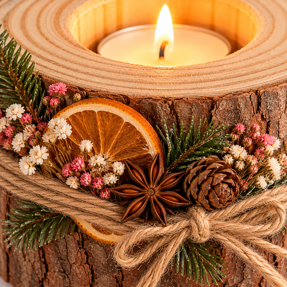 Set 4 suporturi pentru lumânări din lemn natural, decorate manual � Decorațiuni rustice de Crăciun - casă & stil de viață - decorațiuni de casă - decorațiuni de masă și rafturi - decorațiuni de masă - Artynos.ro