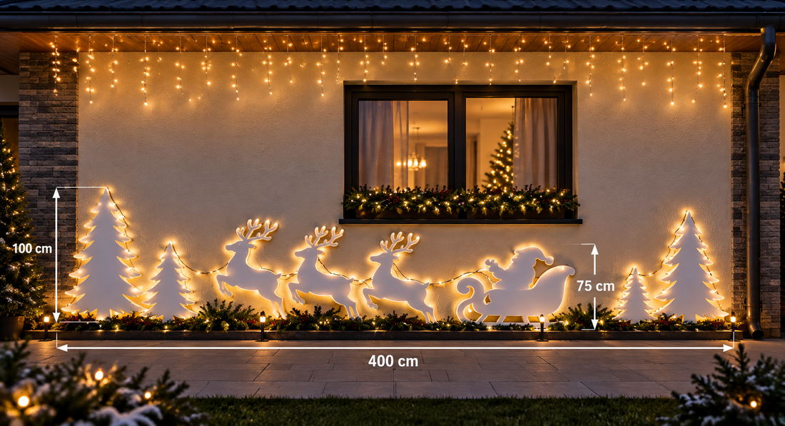 Decorațiune de Crăciun din polistiren � Brazi, cerbi și sania lui Moș Crăciun, decor perete 4 metri - crăciun - decorațiuni de crăciun de casă - decor fereastră de crăciun - Artynos.ro