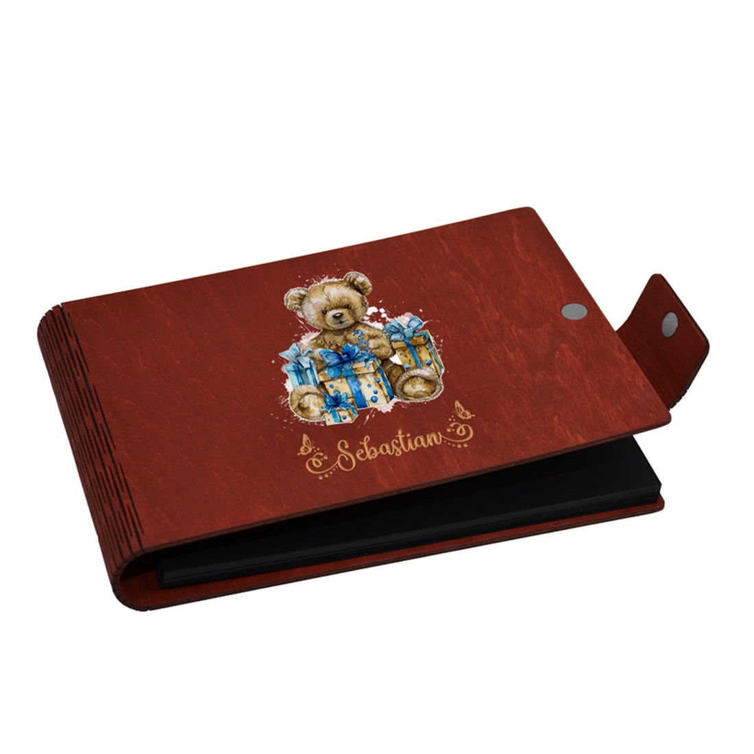 Album foto A5 personalizat, din lemn, Rosu, Piksel, GuestBook, Caiet amintiri copii, Ursulet - jucării și echipamente pentru copii - daruri de botez - Artynos.ro