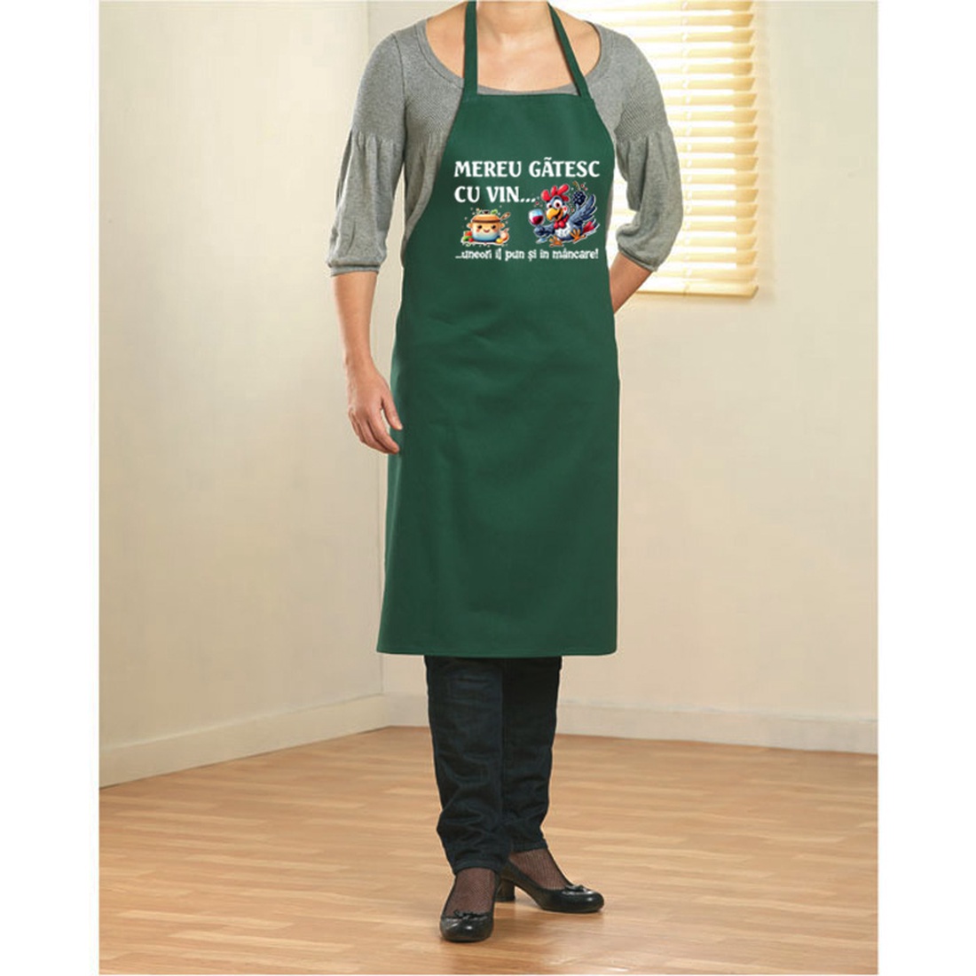 Sort de bucatarie, bumbac, Piksel, Verde, Mereu gatesc cu vin, M3 - casă & stil de viață - echipamente de bucătărie - textile pentru bucătărie - șorțuri de bucătărie - Artynos.ro