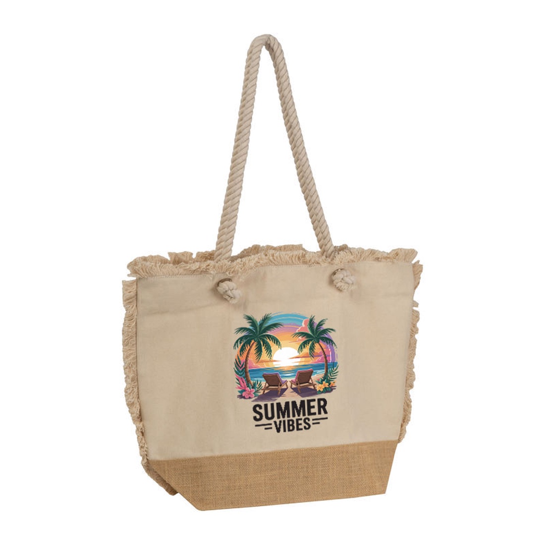 Geanta de plaja cu ciucuri, Piksel, din bumbac si baza de iuta, 48x38 cm, M1 - genți și portofele - geantă pentru cumpărături - totebaguri - Artynos.ro