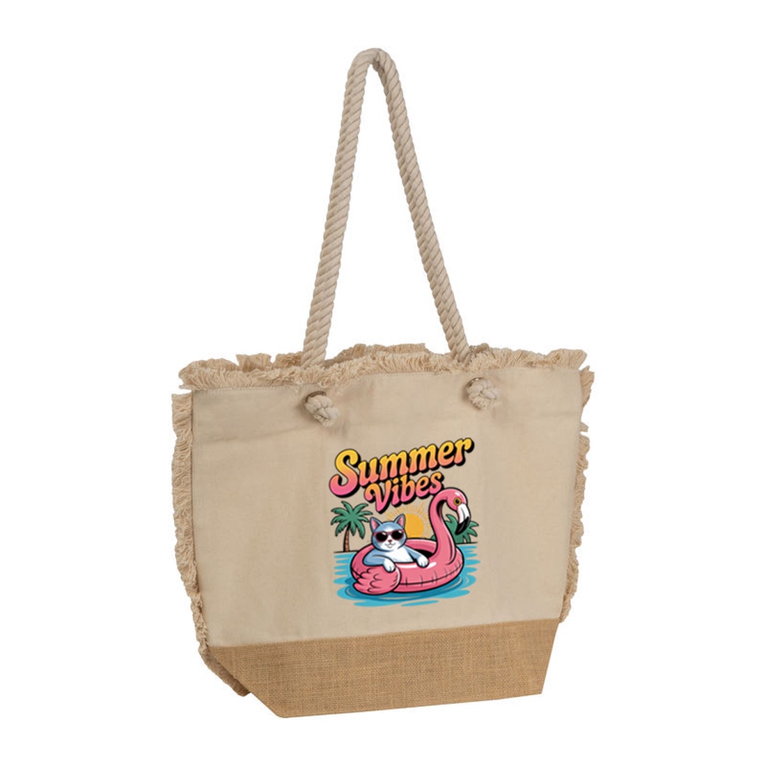 Geanta de plaja cu ciucuri, Piksel, din bumbac si baza de iuta, 48x38 cm, M1 - genți și portofele - geantă pentru cumpărături - totebaguri - Artynos.ro