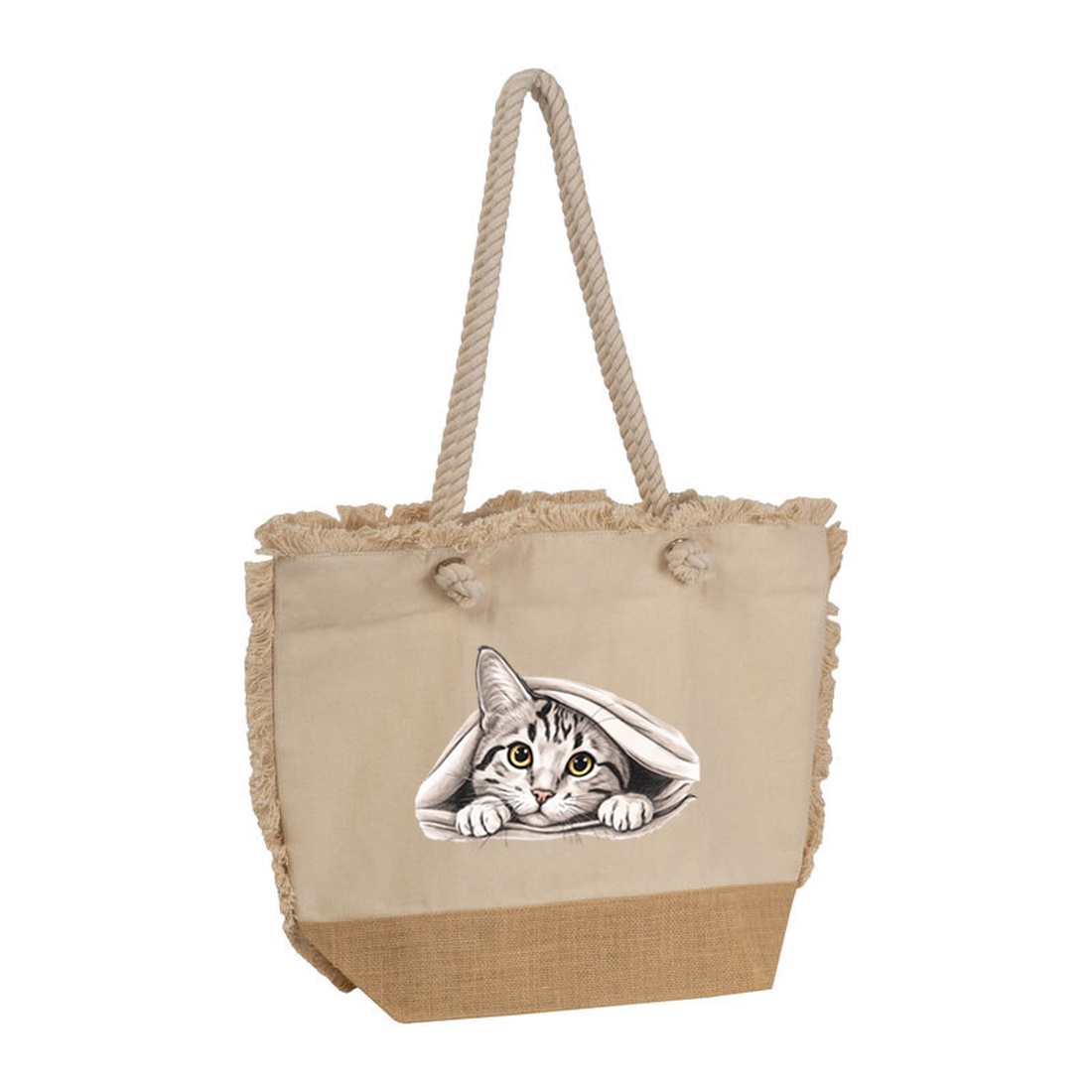 Geanta de plaja cu ciucuri, Piksel, din bumbac si baza de iuta, 48x38 cm, M1 - genți și portofele - geantă pentru cumpărături - totebaguri - Artynos.ro