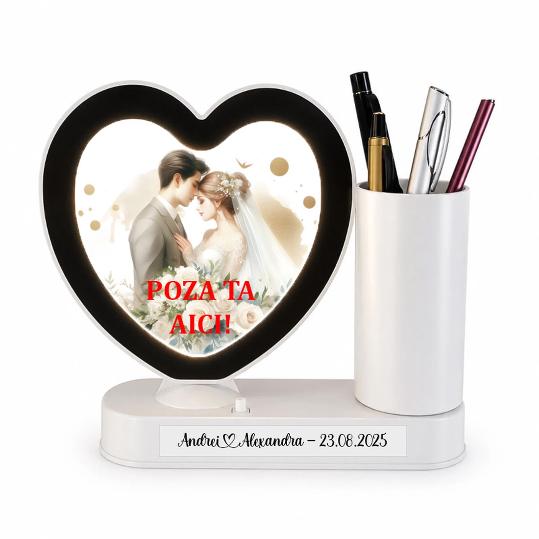 Rama foto, personalizata, Piksel, INIMA cu lumina led si suport pixuri - accesorii nuntă - amintiri și cadouri de nuntă - cadou nuntă - ramă foto cu pușculiță de bani - Artynos.ro