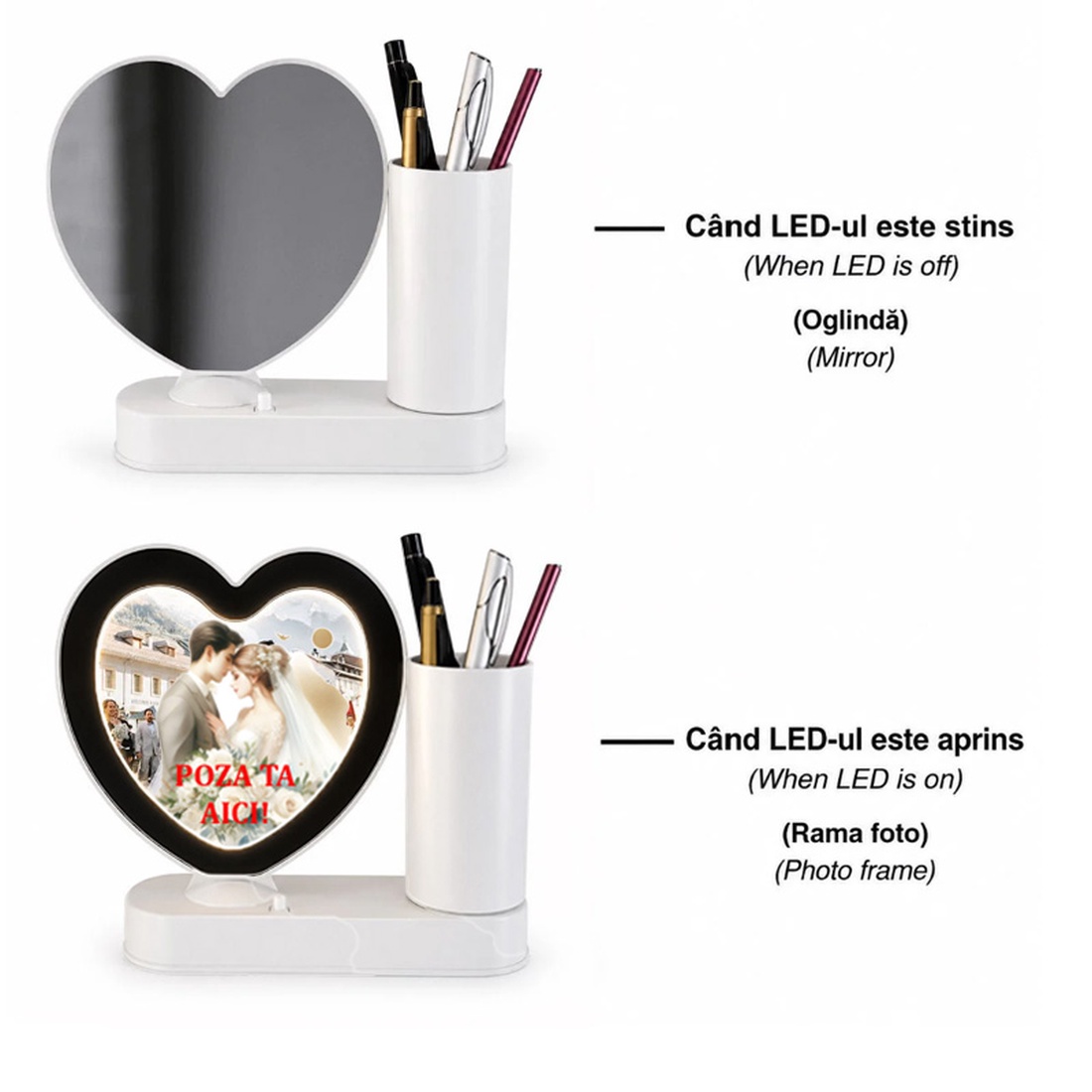 Rama foto, personalizata, Piksel, INIMA cu lumina led si suport pixuri - accesorii nuntă - amintiri și cadouri de nuntă - cadou nuntă - ramă foto cu pușculiță de bani - Artynos.ro