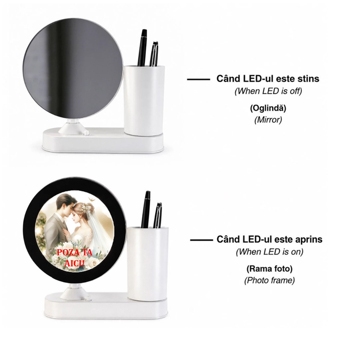 Rama foto, personalizata, Piksel, ROTUNDA cu lumina led si suport pixuri - accesorii nuntă - amintiri și cadouri de nuntă - cadou nuntă - ramă foto cu pușculiță de bani - Artynos.ro