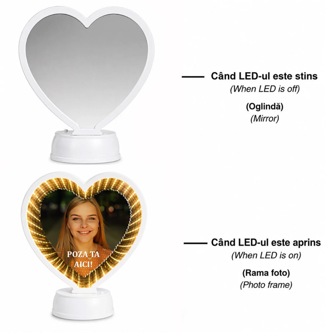 Rama foto, personalizata, Piksel, INIMA cu lumina led  - accesorii nuntă - amintiri și cadouri de nuntă - cadou nuntă - ramă foto cu pușculiță de bani - Artynos.ro