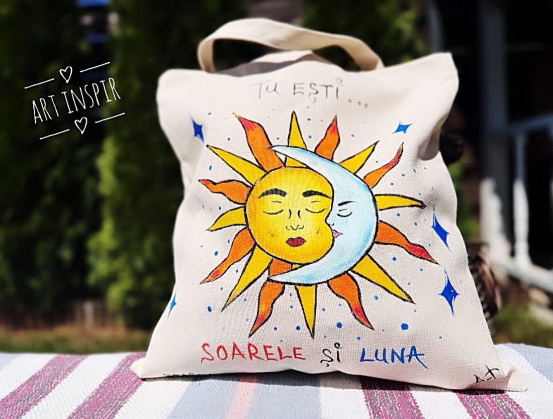 Sacoșă pictată bumbac - Soarele  și Luna  - genți și portofele - geantă pentru cumpărături - totebaguri - Artynos.ro