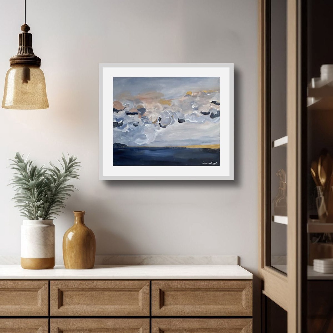 Peisaj cu Nouri, Peisaj maritim,  Pictura originala acrilice pe panza Tablou pictat manual, Unic - arte vizuale și accesorii  - picturi - pictură acrilică - Artynos.ro