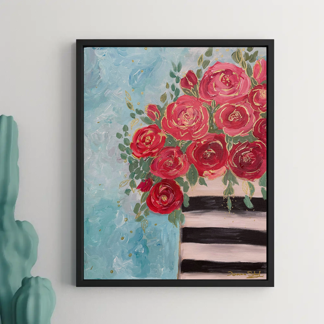 Vaza cu Roze,  Pictura originala acrilice pe panza Tablou pictat manual, Unic - arte vizuale și accesorii  - picturi - pictură acrilică - Artynos.ro