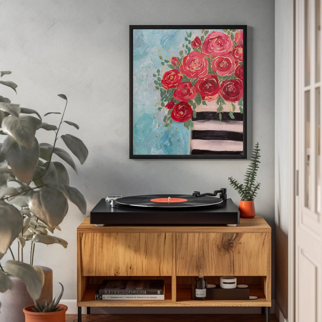 Vaza cu Roze,  Pictura originala acrilice pe panza Tablou pictat manual, Unic - arte vizuale și accesorii  - picturi - pictură acrilică - Artynos.ro