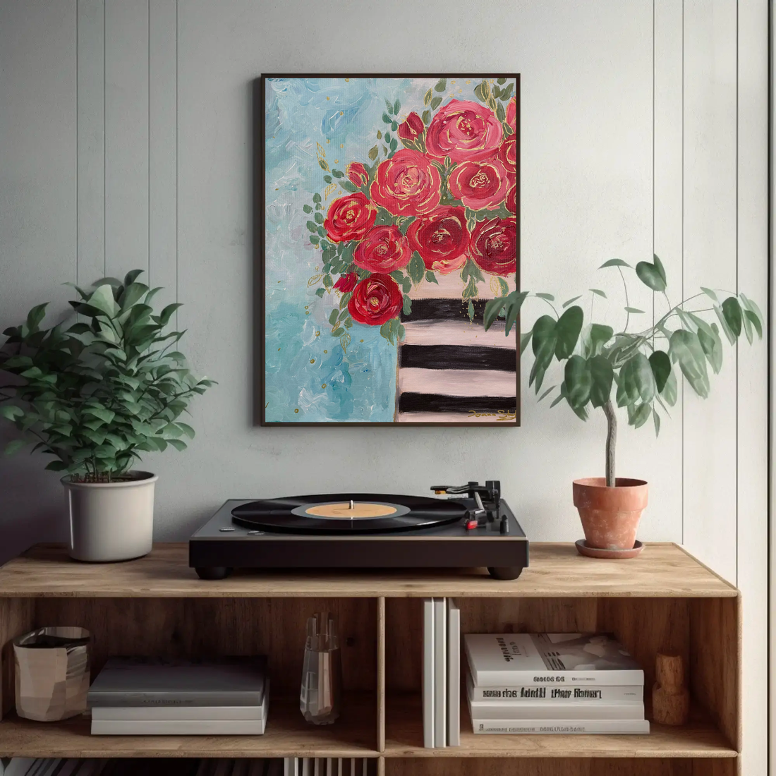 Vaza cu Roze,  Pictura originala acrilice pe panza Tablou pictat manual, Unic - arte vizuale și accesorii  - picturi - pictură acrilică - Artynos.ro