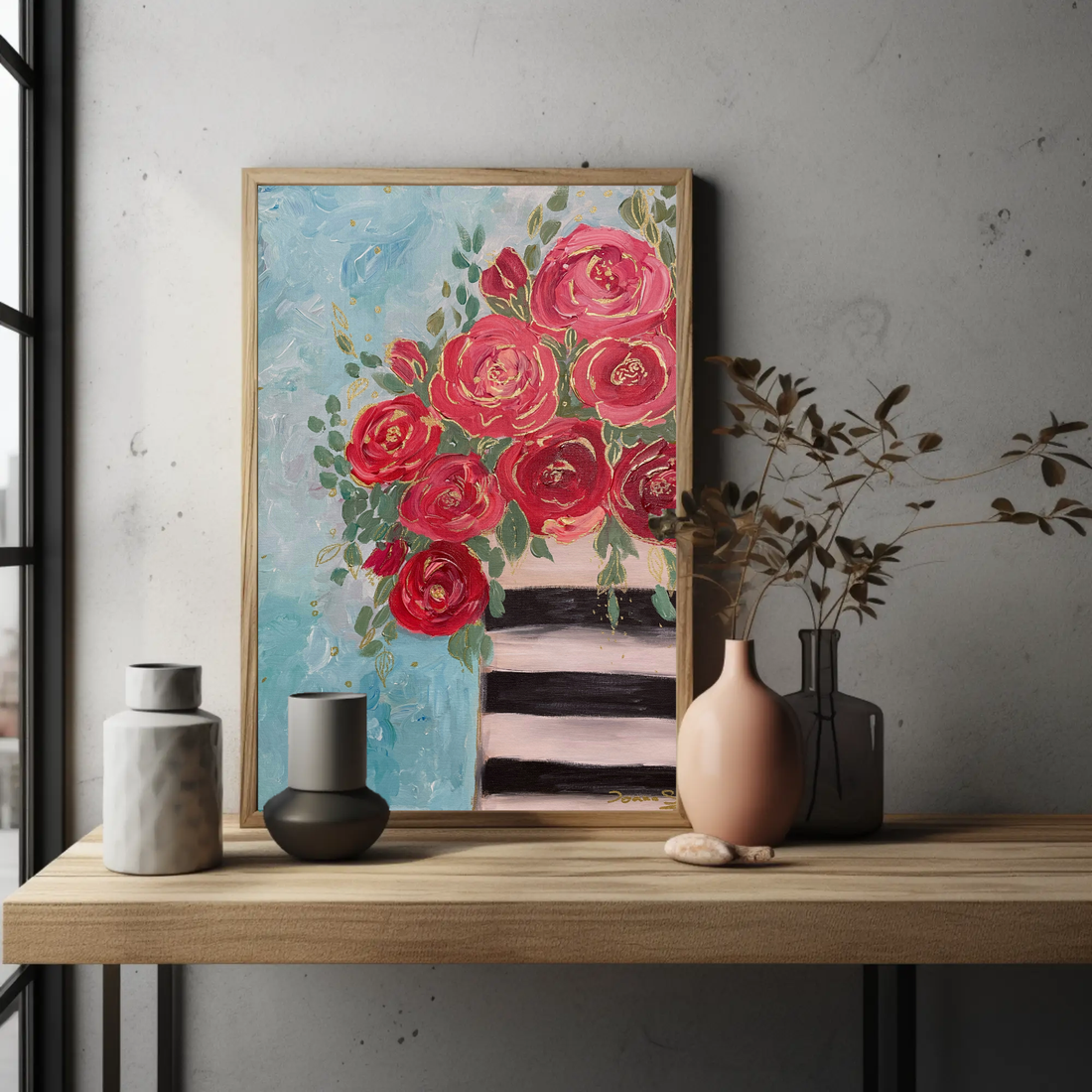 Vaza cu Roze,  Pictura originala acrilice pe panza Tablou pictat manual, Unic - arte vizuale și accesorii  - picturi - pictură acrilică - Artynos.ro