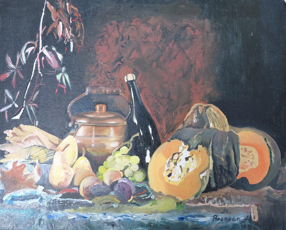 Natură statică cu dovleac și fructe - arte vizuale și accesorii  - picturi - pictură în ulei - Artynos.ro
