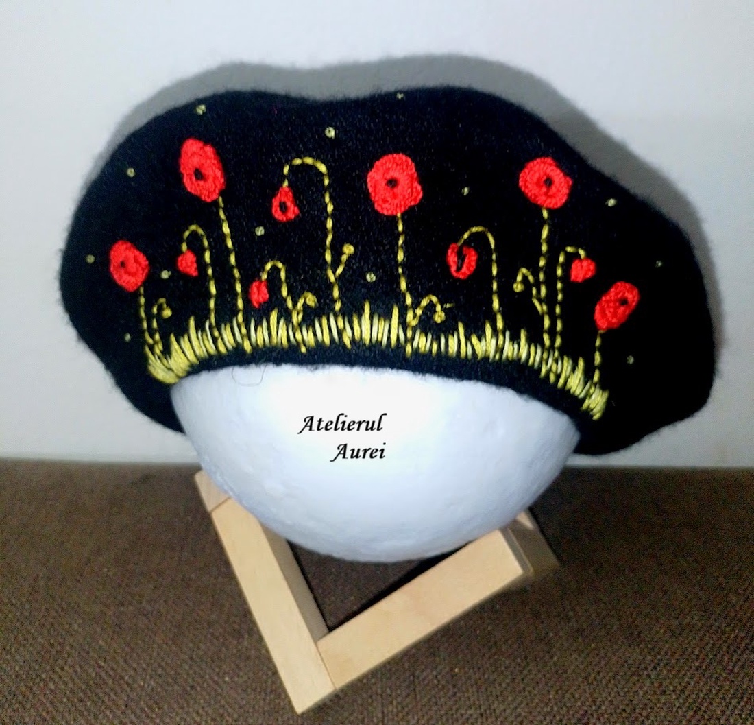 Beretă cu flori roșii - îmbrăcăminte și modă - eșarfe, pălării, fularuri - pălărie - Artynos.ro