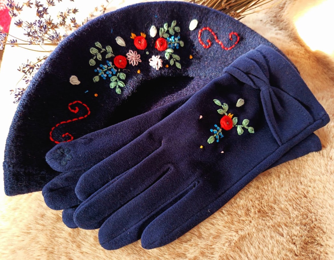 Set brodat: beretă și mănuși - îmbrăcăminte și modă - eșarfe, pălării, fularuri - pălărie - Artynos.ro