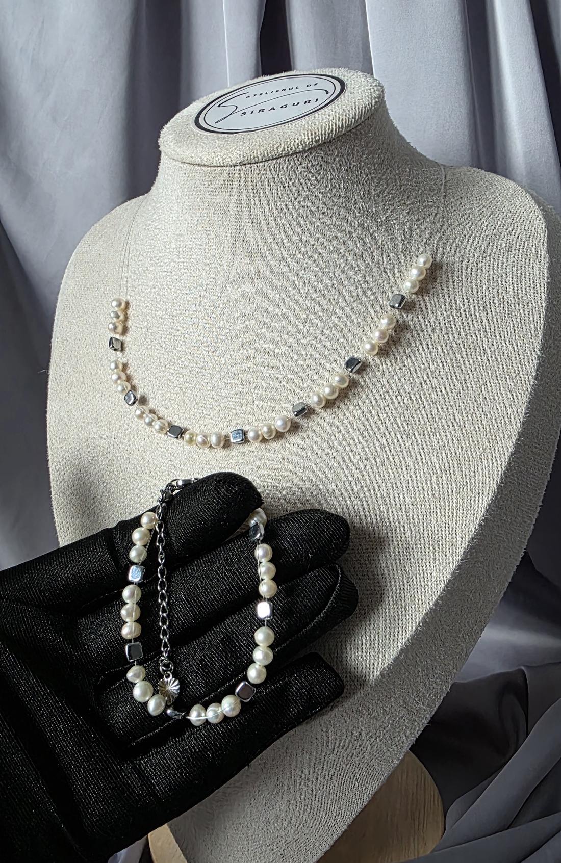 Set colier si brățară  pe fir transparent  - accesorii nuntă - bijuterii mireasă - colier mireasă - Artynos.ro