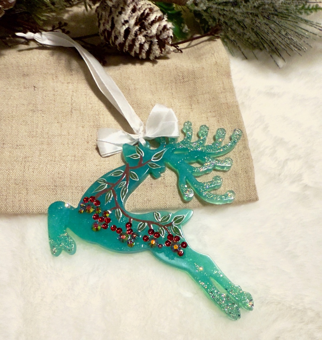 Ren turcoaz cu strasuri Rășină Epoxidică cu Sclipici - crăciun - decorațiuni de crăciun de casă - globuri de crăciun - Artynos.ro