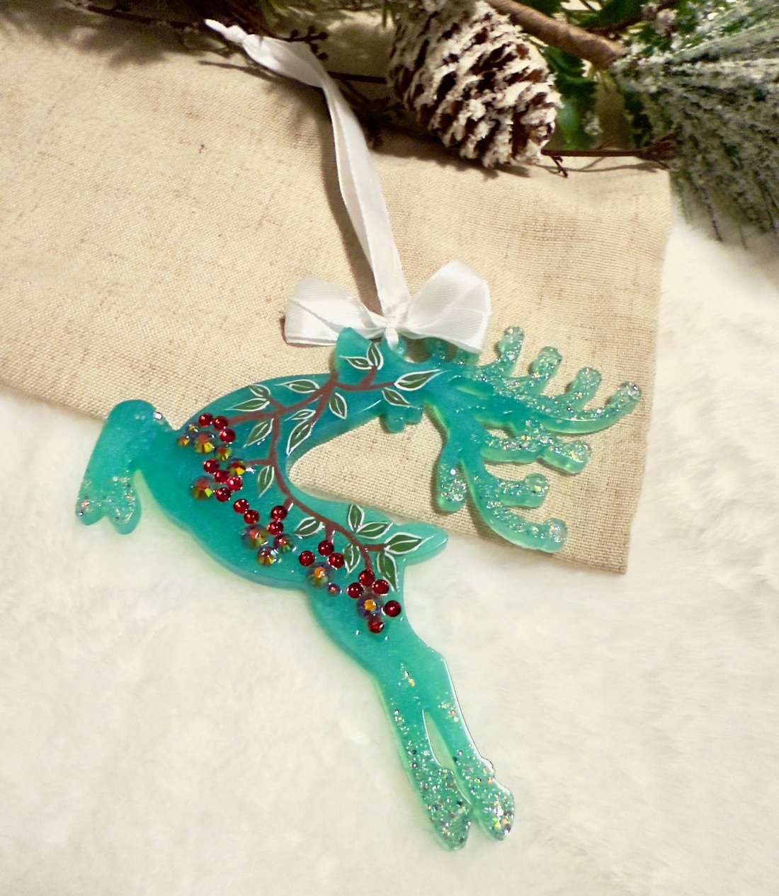 Ren turcoaz cu strasuri Rășină Epoxidică cu Sclipici - crăciun - decorațiuni de crăciun de casă - globuri de crăciun - Artynos.ro
