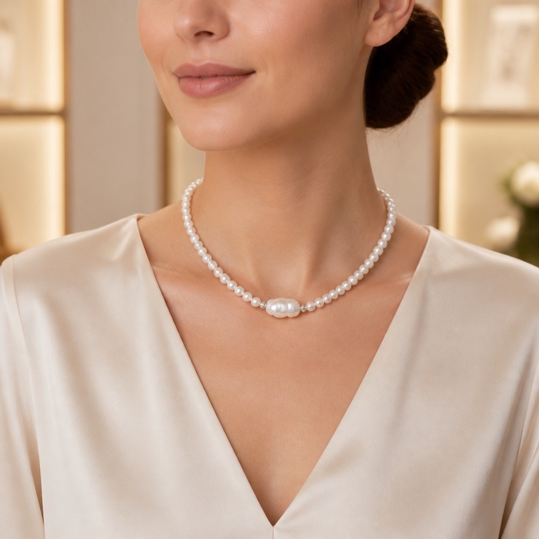 Colier Choker din Perle Naturale de Cultură cu Perlă Barocă Centrală - bijuterii - coliere - coliere din perle - Artynos.ro