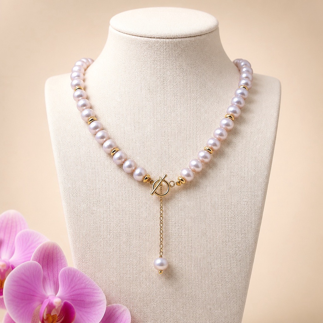 Colier cu Perle Naturale piersica și Accente Aurii � Bijuterie Eleganta Handmade - bijuterii - coliere - coliere din perle - Artynos.ro