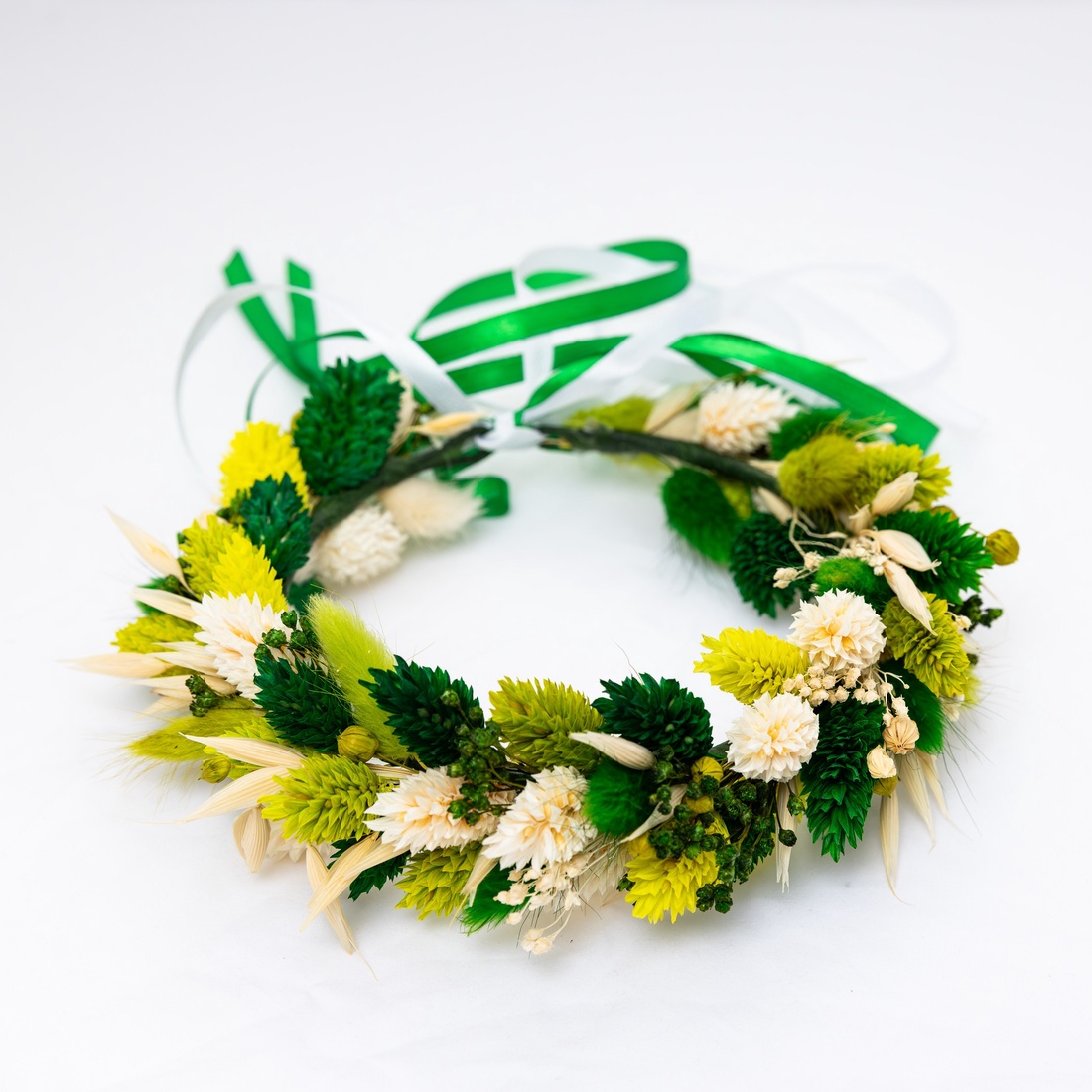 Coroniță din flori uscate, model reglabil, cromatica alb-verde - accesorii nuntă - ornamente de păr de nuntă - accesorii păr nuntă - Artynos.ro