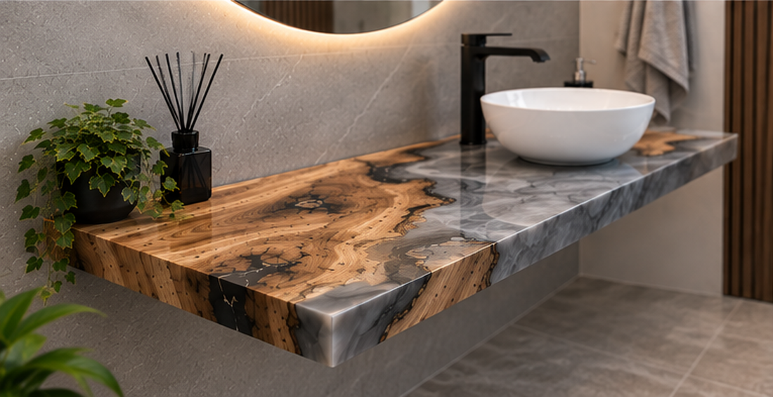 Blat baie din lemn masiv și rășină epoxidică � 150 � 50 � 5 cm - casă & stil de viață - accesorii de baie - decorațiuni de baie - Artynos.ro