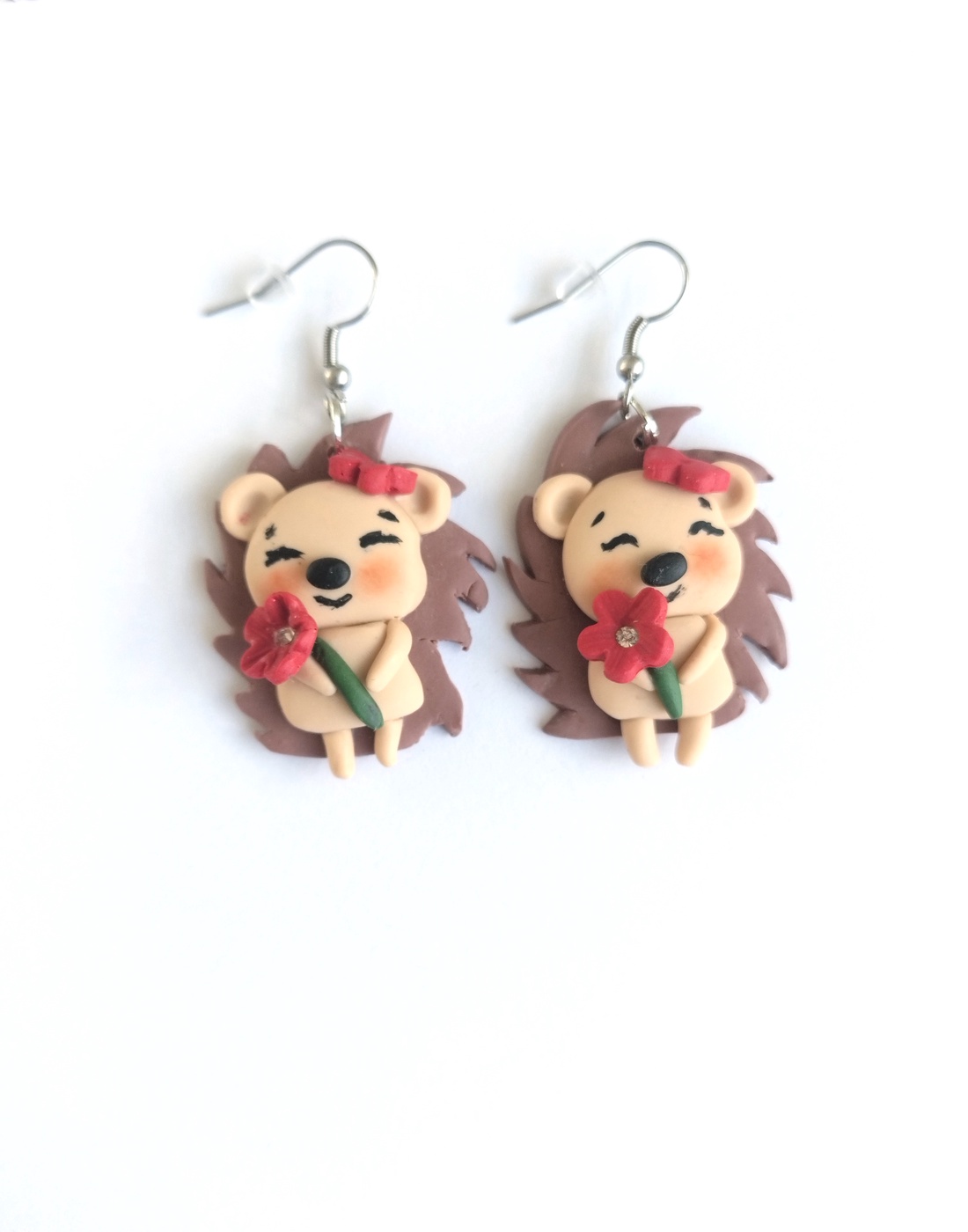 Cercei arici cu floare roșie din lut polimeric Handmade kawaii - bijuterii - cercei - cercei lungi - Artynos.ro