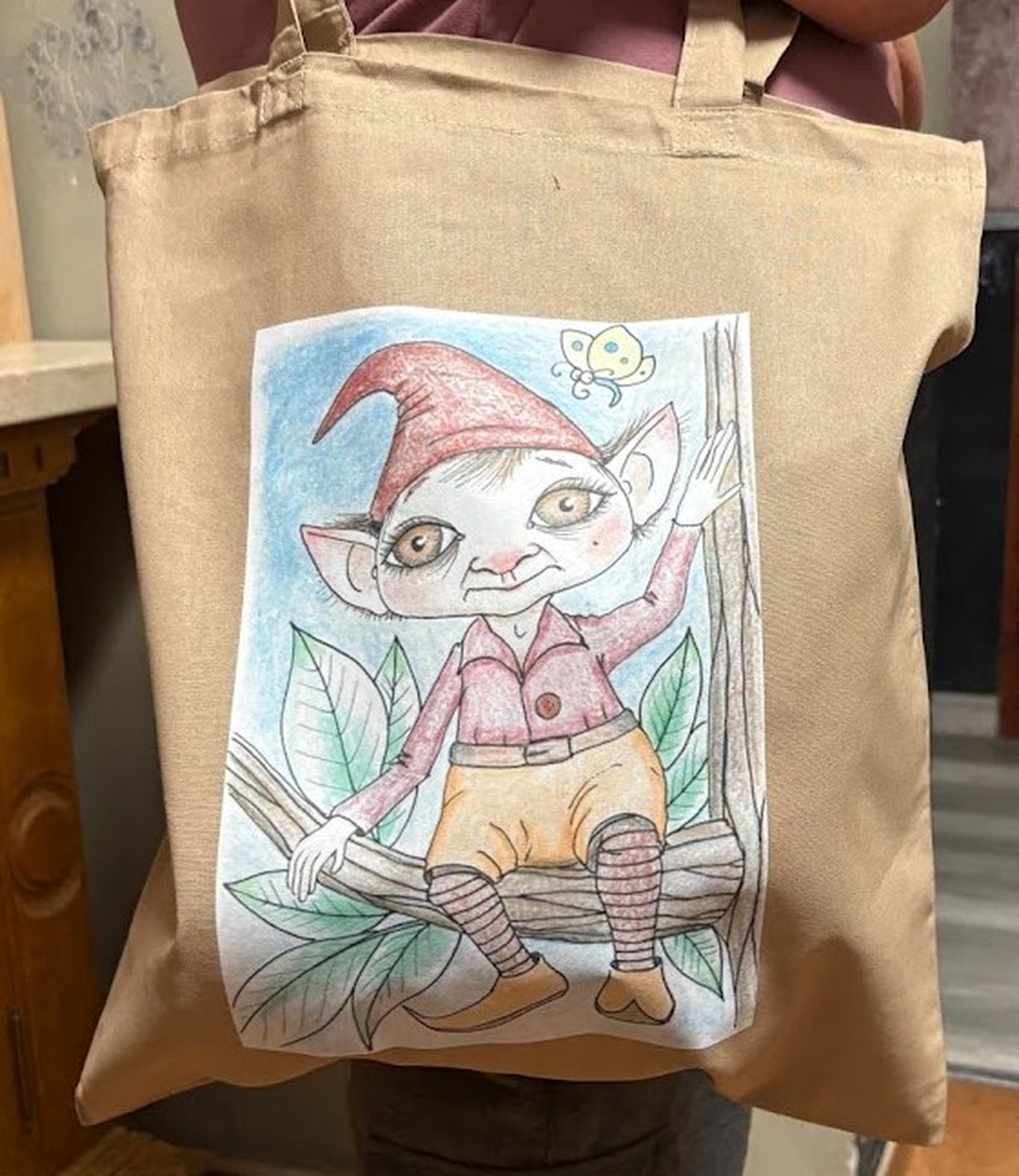 Sac din pânză bej cu model de gnom - genți și portofele - geantă pentru cumpărături - totebaguri - Artynos.ro