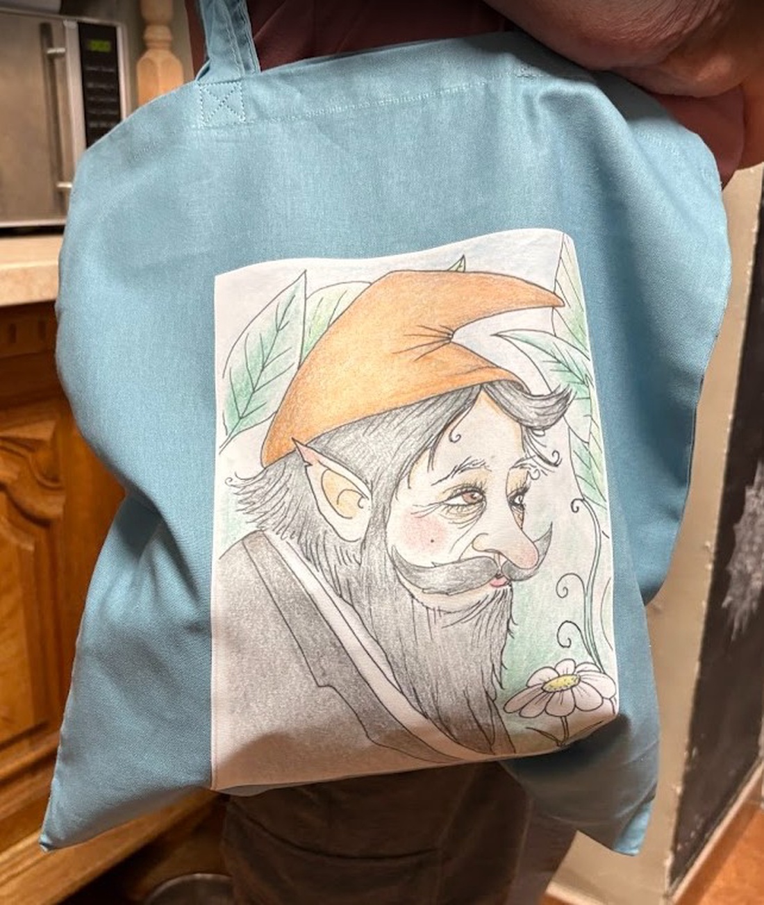 Sac din pânză verde-albastru cu model de gnom bătrân - genți și portofele - geantă pentru cumpărături - totebaguri - Artynos.ro