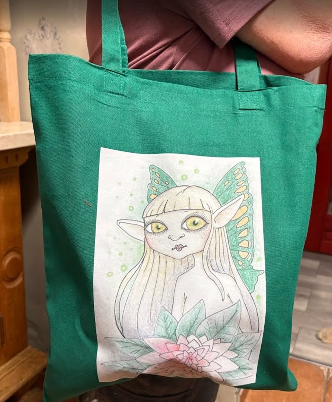 Sac din pânză verde închis cu model de zână - genți și portofele - geantă pentru cumpărături - totebaguri - Artynos.ro