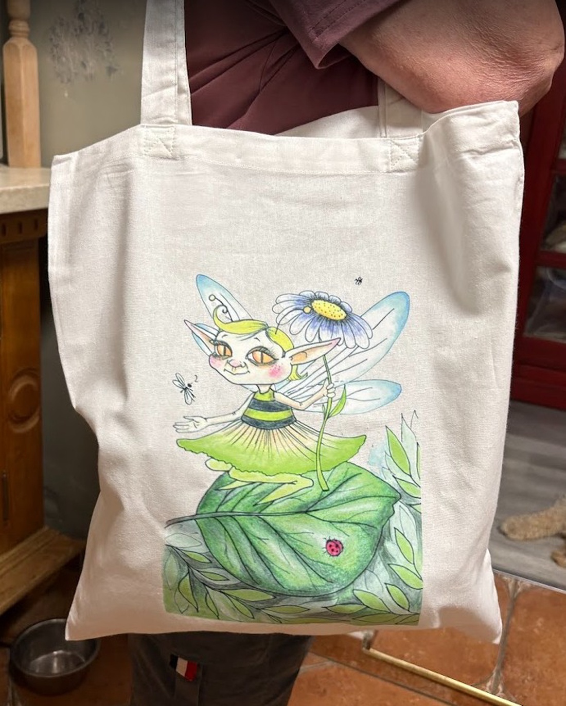 Sac din pânză alb cu model de zână verde - genți și portofele - geantă pentru cumpărături - totebaguri - Artynos.ro