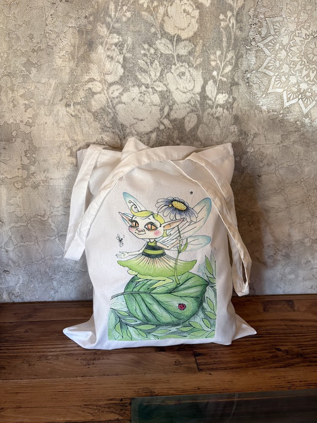 Sac din pânză alb cu model de zână verde - genți și portofele - geantă pentru cumpărături - totebaguri - Artynos.ro