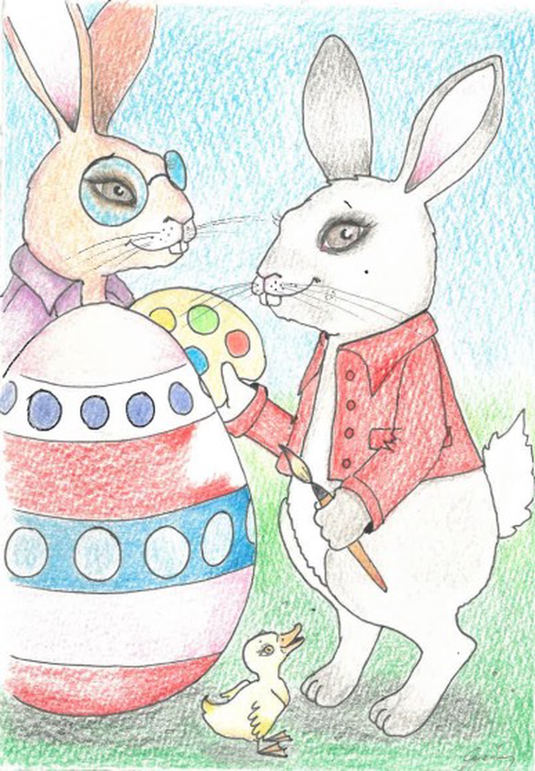 Carte poștală � Iepurași de Paște, desen realizat manual - decor de sărbători - decorațiuni de paște - alte creații de paște - Artynos.ro