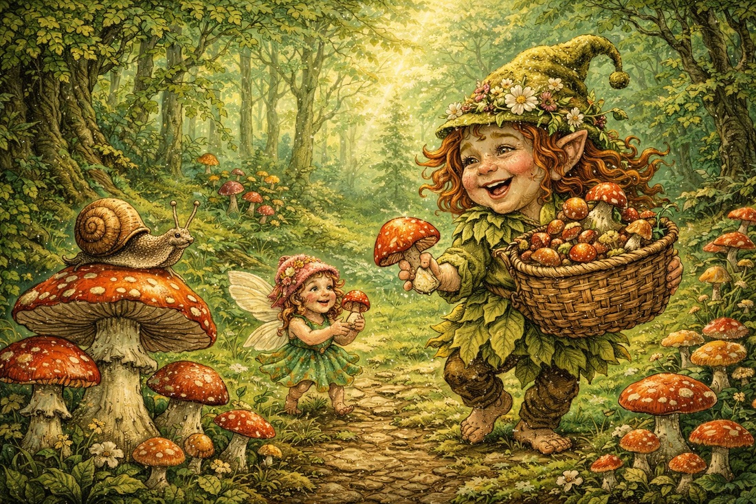 Carte poștală � Ființă fermecată culegând ciuperci în pădure - casă & stil de viață - produse de papetărie - cărți poștale - Artynos.ro