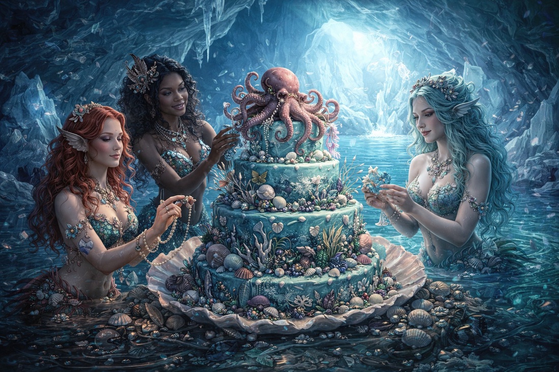 Carte poștală � Sirene pregătind un tort marin - casă & stil de viață - produse de papetărie - cărți poștale - Artynos.ro