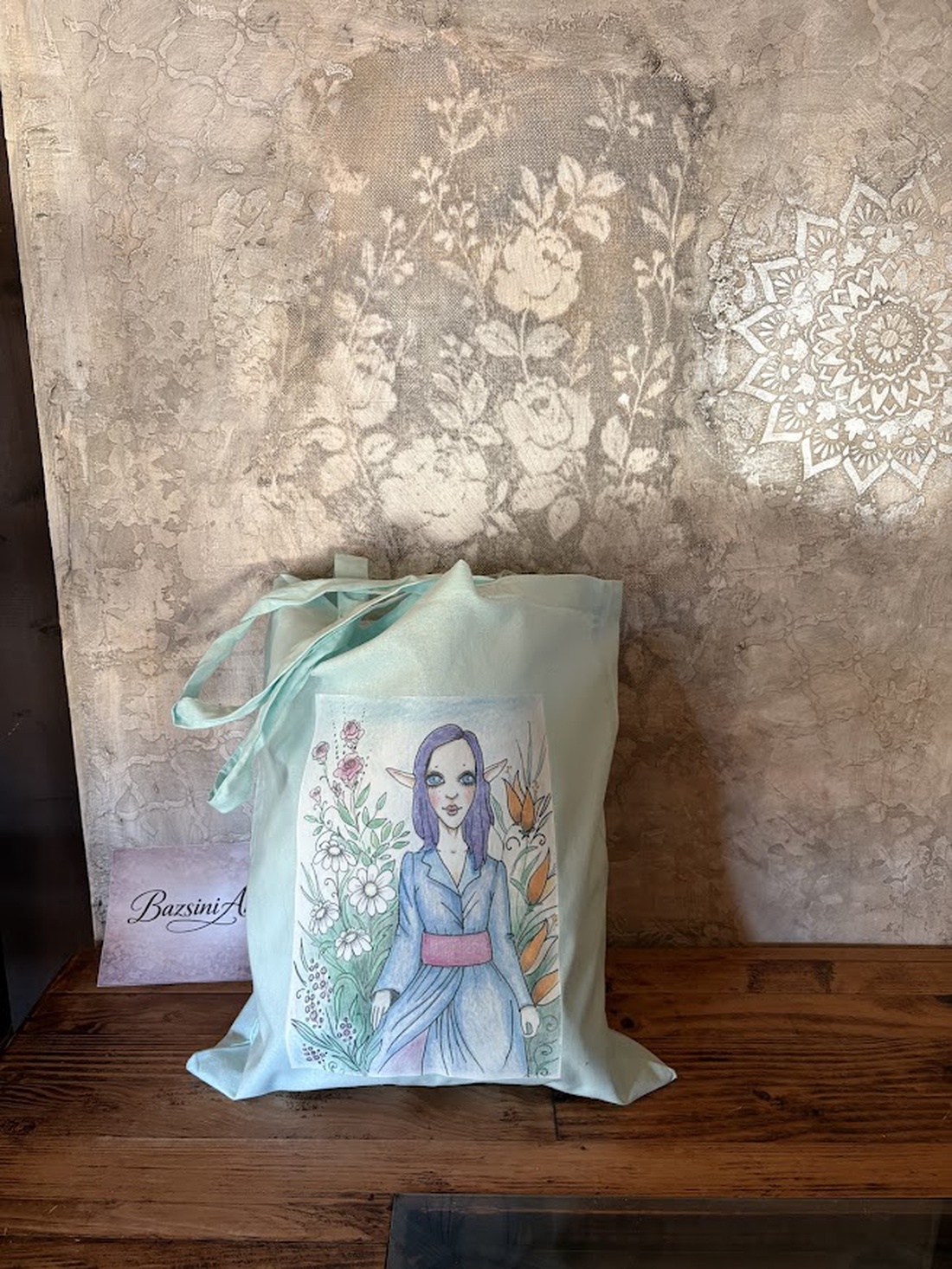 Sac din pânză verde deschis cu model de fată Ent - genți și portofele - geantă pentru cumpărături - totebaguri - Artynos.ro