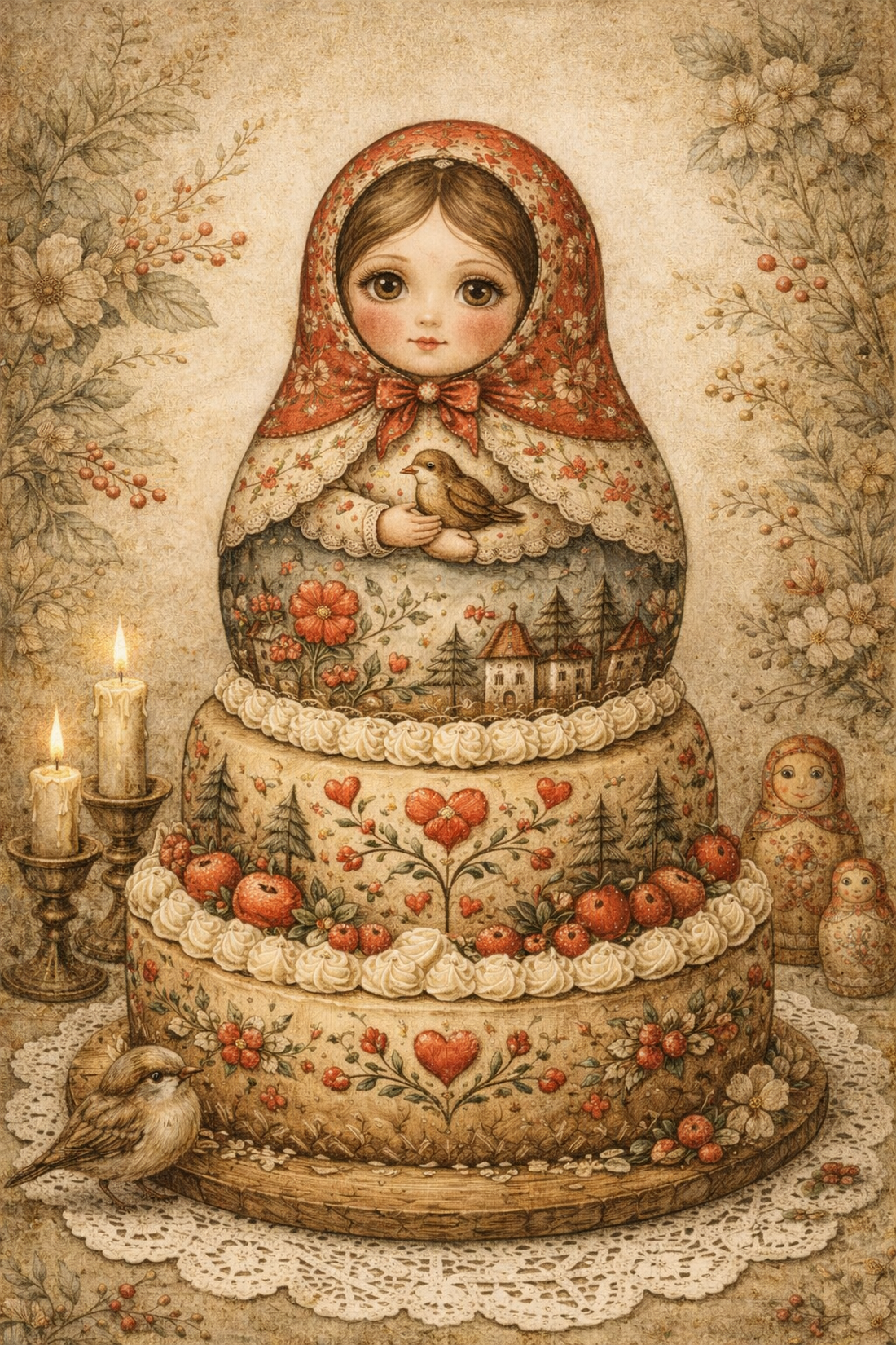 Geantă tote natur din pânză cu ilustrație matrioșka tort � design artistic digital - genți și portofele - geantă pentru cumpărături - totebaguri - Artynos.ro