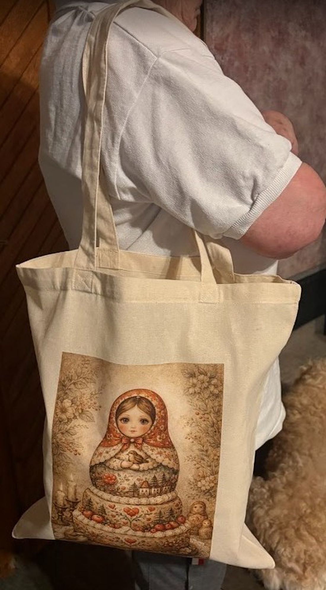 Geantă tote natur din pânză cu ilustrație matrioșka tort � design artistic digital - genți și portofele - geantă pentru cumpărături - totebaguri - Artynos.ro